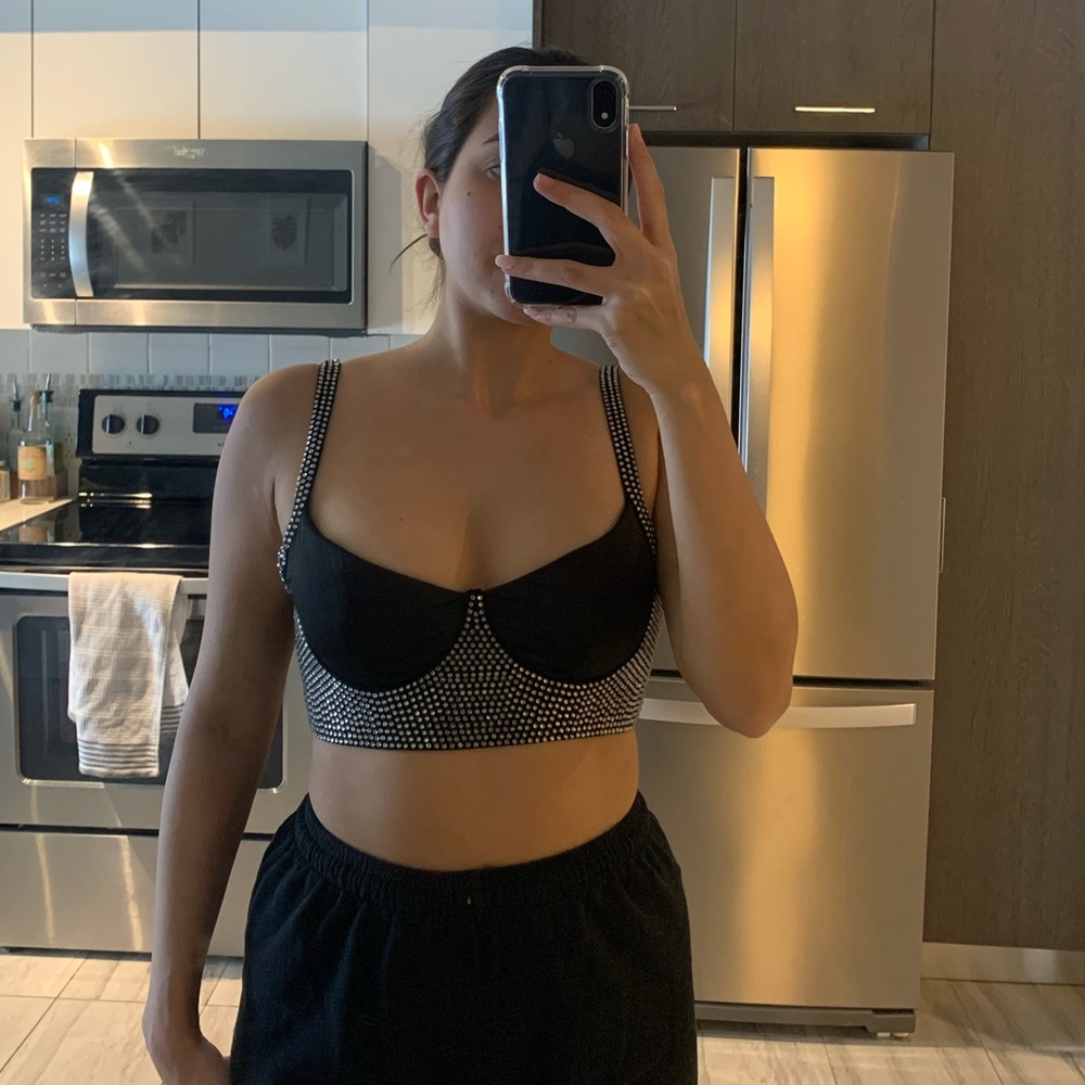 Meshki Rhinestone Black Crop Top - Size S